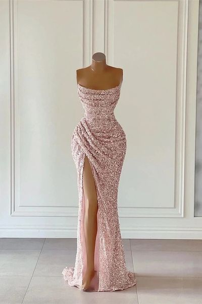 Dream Evening Kleid 2023 Sexy ärmellose plissierte rosa Kleider Meerjungfrau Seite Split Pailletten Prom Formal Anlass Kleider 240401