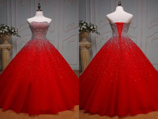 Bling Red Biled Quinceanera Dresses Strapless Laceup Prom Abito da sera Formale Long Party Sweet 16 vestito Vestidos de Festia Alex1887068