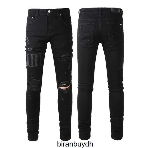 Hochwertige AM Slim Fit Designer Street Trendy Hole Patch Jeans Herren passen kleine Füße Hosen Kuh