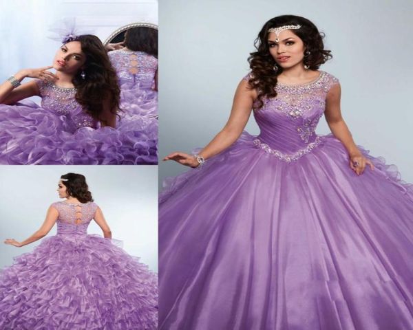 Ruffles em camadas Purple quinceanera vestidos com miçangas jóias racha misfard sweet 16 vestidos de bola de cristal estreito