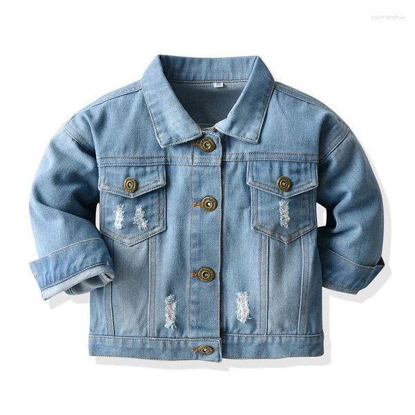 Jaquetas jaqueta jeans infantil 2024 mola rasgada casaco de moda azul claro roupas de 2 a 7 anos de idade