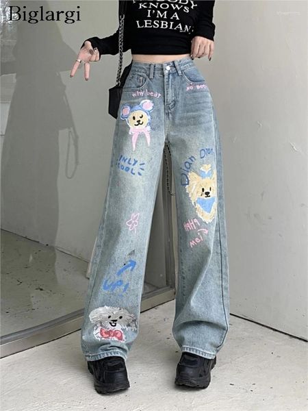 Frauen Jeans Frühling Herbst lange Cartoon Graffiti Print Hose Frauen Mode hohe Taille Freizeitlamen Hosen koreanische lose Frau Hosen