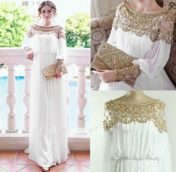 Abiti da sera kaftan per perle dorate abiti da ballo con maniche lunghe dell'equipaggio di cristallo di linea eleganti eleganti vestidos arabe vestidos Dre4064938