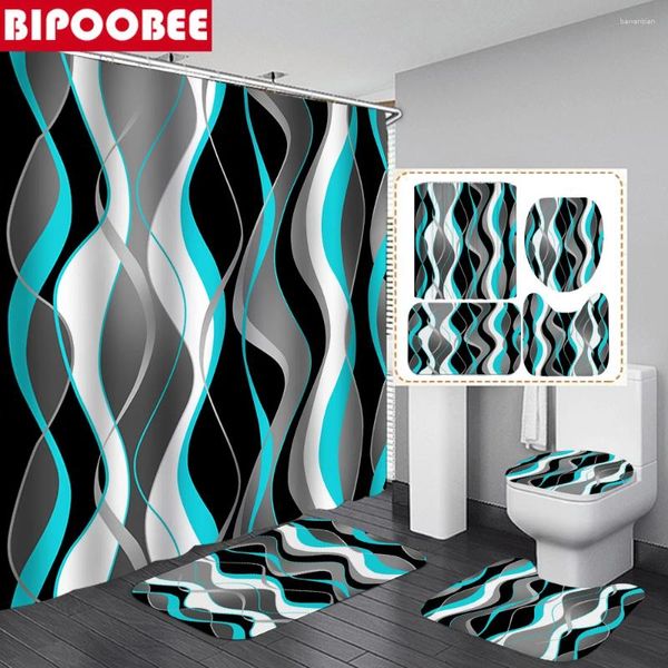 Cortinas de chuveiro Cortagem de linha azul-céu Decoração de cortina de banheiro à prova d'água preto e branco tapete listrado tapetes não deslizantes tampa do banheiro