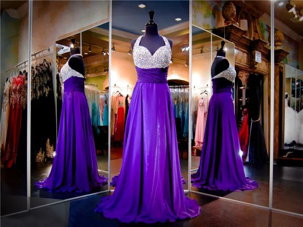 Abiti scollatura Halter Scontro viola vestito da ballo in chiffon in argento perle di abito da sera aline abito da festa personalizzato abito da concorso personalizzato