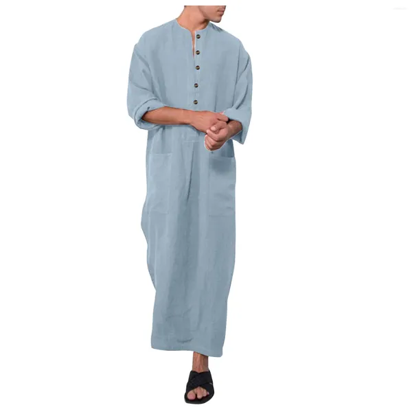 Ethnische Kleidung Herren muslimische Kleidung Full Sleeve Stand Collar Long Robe Jubba Thobe Kaftan Abayas Islamische Taschen Button Arabisch Kleid