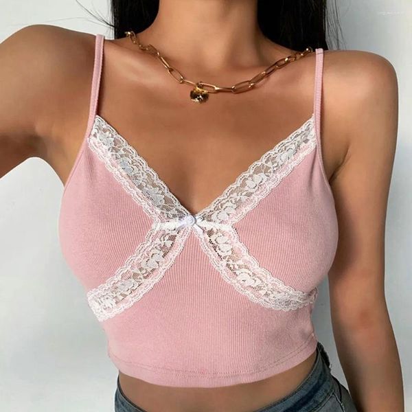 Frauen Tanks Spitze Fashion Tant Top Female koreanischer Style gegen Hals Ärmele sexy Bluse Gruppte Strickwege V-Ausschnitt süße Camisoles Dessous Dessous