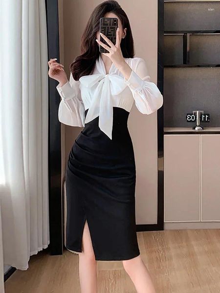 Lässige Kleider schwarzer Patchwork weißer Bogenkragen Büro Dame Kleid Herbst Winter Elegnat Bodycon Formal 2024 Koreaner Vintage Abend