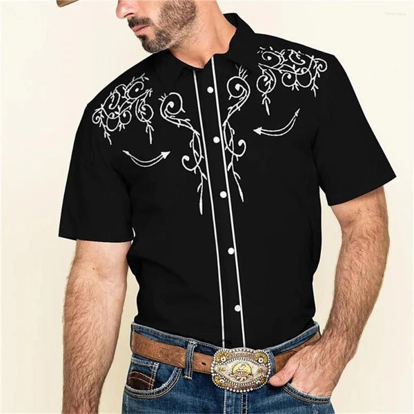 Мужские повседневные рубашки Retro Western Denim Print Cardigan Cardigan Удобный и мягкий дизайнер ткань креативная кнопка с короткими рукавами