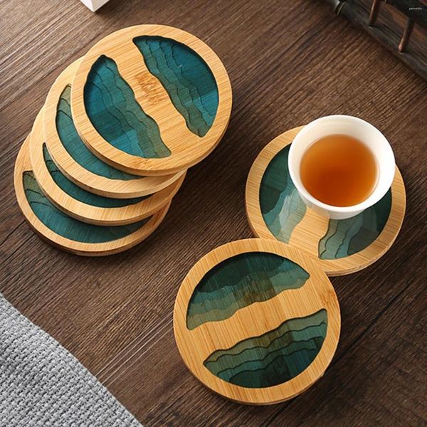 Tapetes de mesa redonda copo redonda resina epóxi transparente de bambu transparente paisagem padrão de chá de chá de chá tapete para cozinha