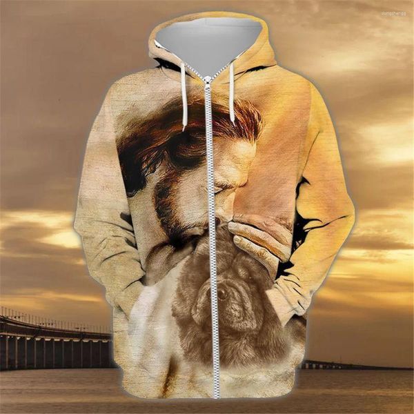 Moletons masculinos HX Moda Jesus Chow Zip 3D Graphic Animal Dog Pullover Tops Pets Pots Pullovers Casual Sportswear