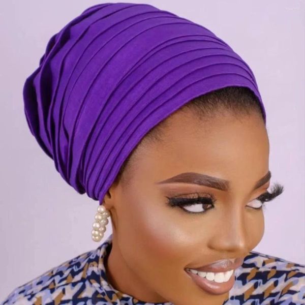 Etnik Giyim Müslüman Kadın Piled Hijab Türban Kapası Afrika Oto Gele Headtie Aso Oke Nijerya başörtüsü Bonnet Beanies şapka şapkası