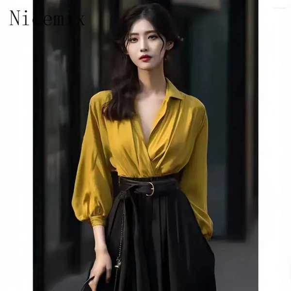 Vestidos de trabalho Autumn High -end roupas de roupas que deslocam a camisa preta profissional Top amarelo meio comprido de saia