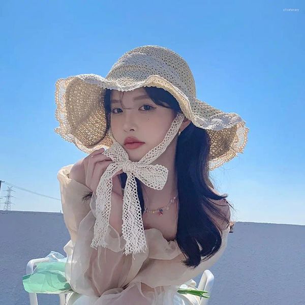 Breite Krempeln Hats Big Lace Bow Strohhut Sommer UV Schutz koreanische Version Cover Panama Lady