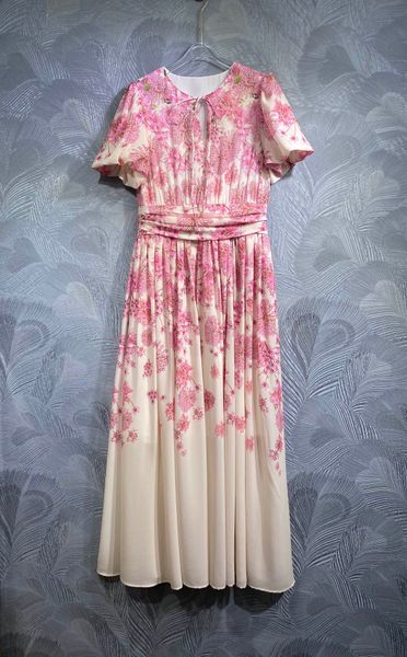 2024 Frühling Frauen Retro Fashion Freizeit Urlaubsblase Blasenhülsen V-Ausschnitt Bund Blütenblütenabdruck Flare Langes Kleid