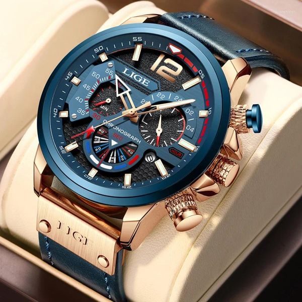 Relógios de pulso Lige mass relógios grandes Dial Dial Quartzwatch Business Leather Watch for Men