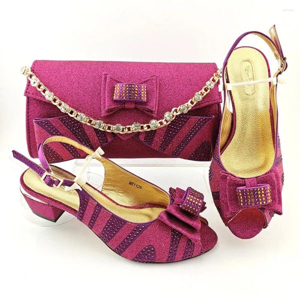 Sandalen Schöne Magenta Frauen Schuhe passen Handtasche mit Strassdekoration afrikanische Dressingpumpen und Geldbörse Set MM1126 Absatz 5 cm
