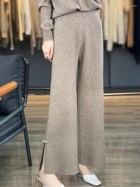 Frauenhose Herbst und Winter reines Wollwollweitbein für Frauen mit Pan Button Hose Mund Design Split Mode Split Mode