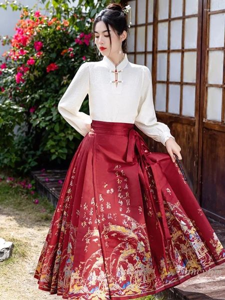 İş elbiseleri Çin cheongsam geliştirilmiş Hanfu kadınlar bahar sonbahar at yüz etek takım elbise 2 adet zarif 2024 için set