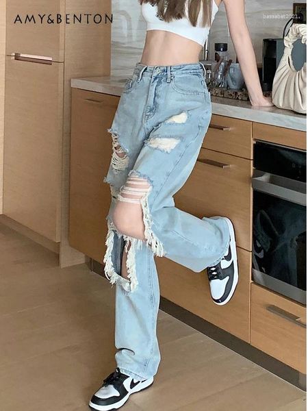 Frauen Jeans helle Farbe für Frauen 2024 Frühling Koreanische Mode schlankes Mädchen mit hoher Taille Y2K Street Wide Leghose