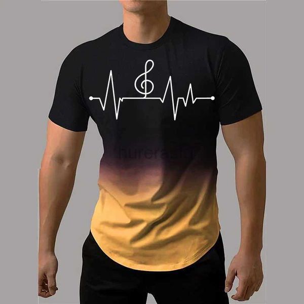 Camisetas de camisetas masculinas masculino de impressão 3D Gradiente de impressão note musical Tee 2023 camiseta de verão grande para homens moda moda de manga curta Tops de pescoço 2445