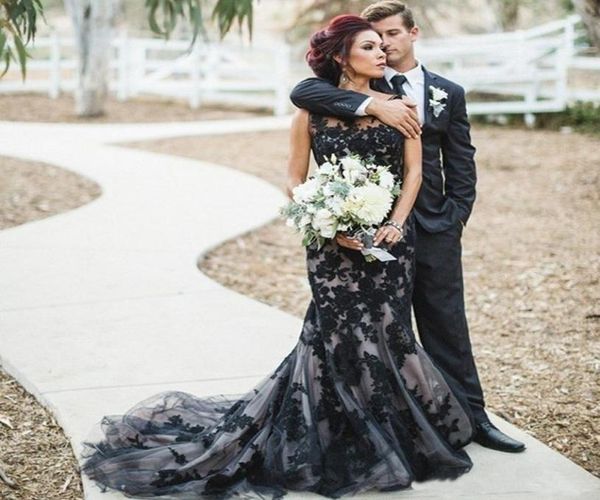 Applique Black Lace Wedding Gown Mermaid Sheer Seck Tulle Gothic Plus Size Bridal Plays 2019 Vestidos de Novia Tallas Grandes BR3614316