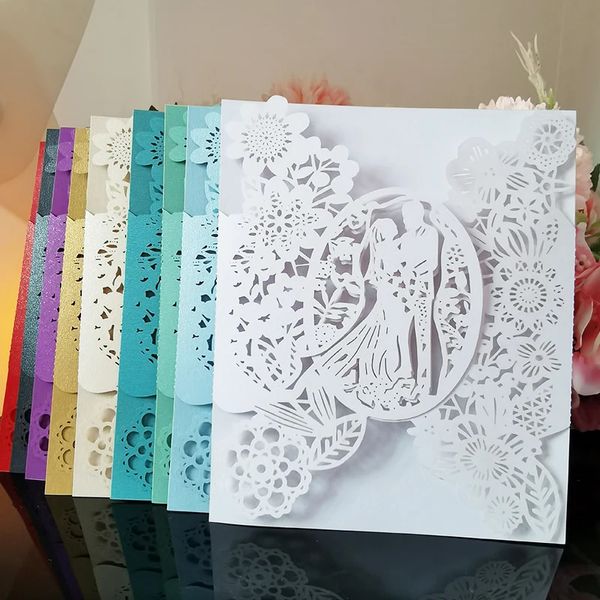 50pcs convites de casamento cartão noivo Flores do noivo Pocket Convite Card Card de casamento Mariage Party Supplies Decorações 240323