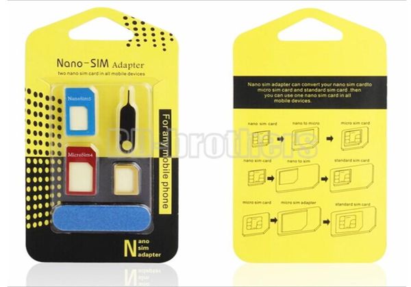 Scatola di imballaggio giallo 5 in 1 adattatore di schede SIM metallica Nano Adapter Nano con carta vetrata per iPhone 4 5 6 1000Setslot1343944