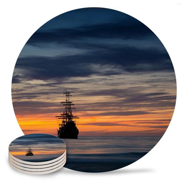 Столовые коврики закат морской черный корабль керамический набор кухня круглый клад
