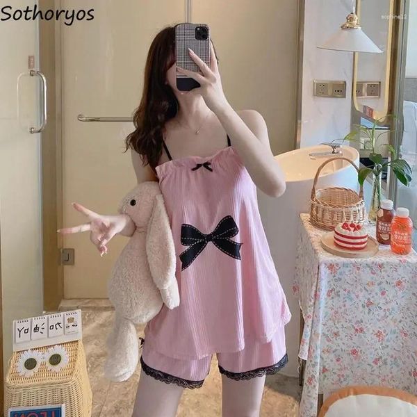 Home Abbigliamento Pigiama con cinturino per spaghetti Set da donna con fiocco carino Top estivi con imbottitura sul petto Indumenti da notte per ragazze sexy Ulzzang Salotto semplice e confortevole