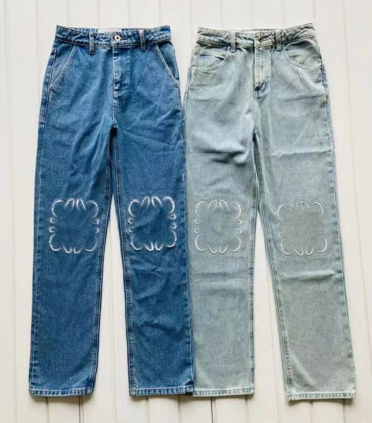2024 Womens undefinierte Jeans hohe Taille offene gepathed gestickte Loewe gerade Hosen Jeans 1a