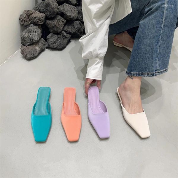 Тапочки повседневные женщины квадратные носки пурпурный/бежевый/апельсиновый/зеленые дамы скользит мулы туфли с толстыми каблуками модные сандалии