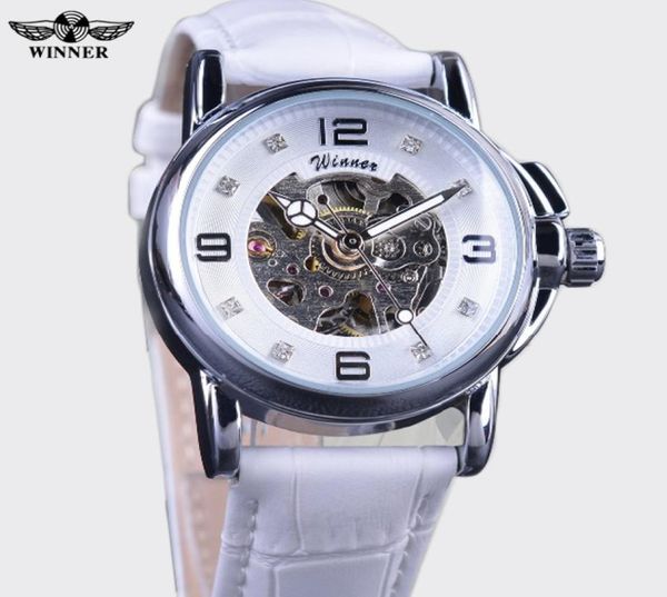 Vencedores Ladies Watches Luxury Diamond Design Dress Vestido de couro branco Relógios novos modelos Big Numbers Brand Mechanical Watch for Women LA9927262