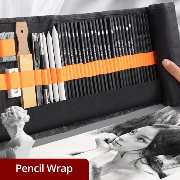 Bleistifte 27/38/47pcs Sketch Bleistifte Set Sketching Kit Roll Up Canvas Wickelbeutel Zeichnung Kunstzubehör KNEED ERASER BENDEH