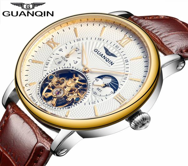 2018 Fashion Guanqin Mens Watches Top Brand Luxury Skeleton Watch Men Sport Leather Tourbillon Owch Mechanical Owatch2128586