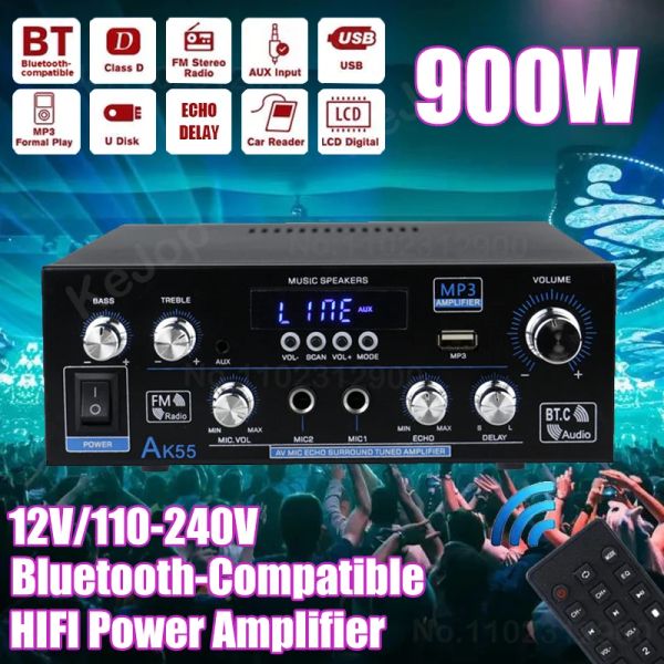 Verstärker AK55 900W Home Power Amplifier 2.0 Kanal Bluetooth 5.0 HIFI Digitaler Stereo -Soundverstärker 2.0 450W+450W Subwoofer -Verstärker