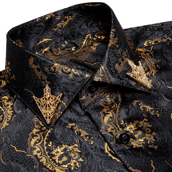 Camisas de vestido de negócios homens preto colar de botão formal de manga longa de ouro