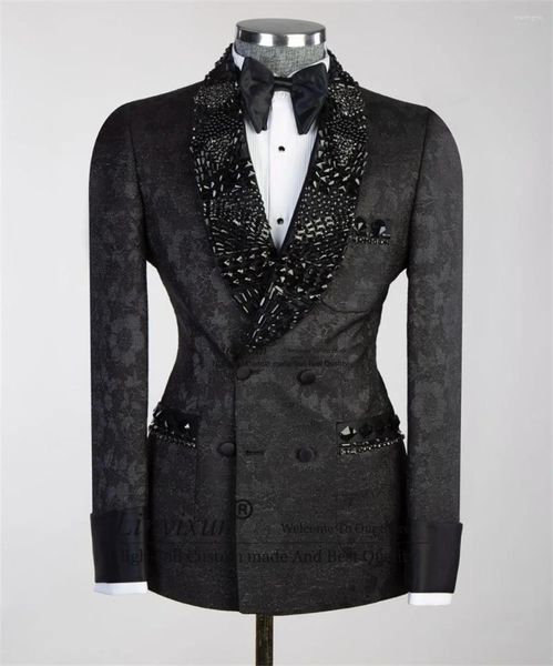 Erkekler Lüks Metal Eşyalı Erkekler Boncuklu Tepediler Tavan Damat Smokin 2 Parça Setleri Parti Balo Blazer İnce Fit Kostüm Homme