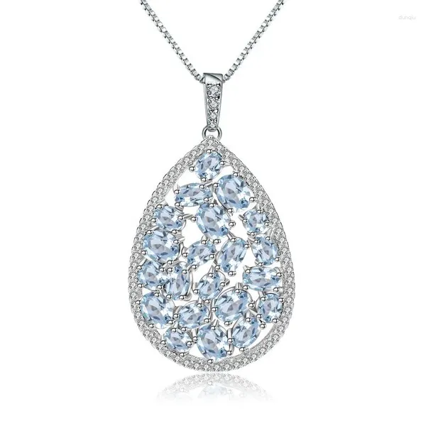 Ketten natürlicher himmelblauer Topaz Anhänger Halskette Sterling Klassiker Silber 925 Edelstein Frauen Hochzeit Fein Schmuck