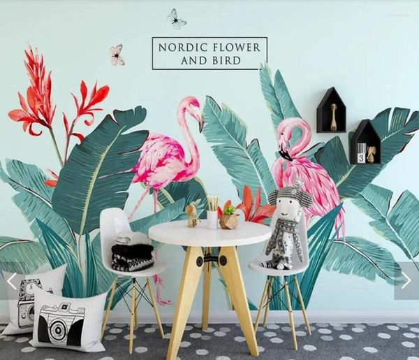 Papéis de parede nórdicos Tropical Flamingo Flor Wallpaper Mural Paisagem Decoração de casa Papel Nature Murais Floral Melhoria