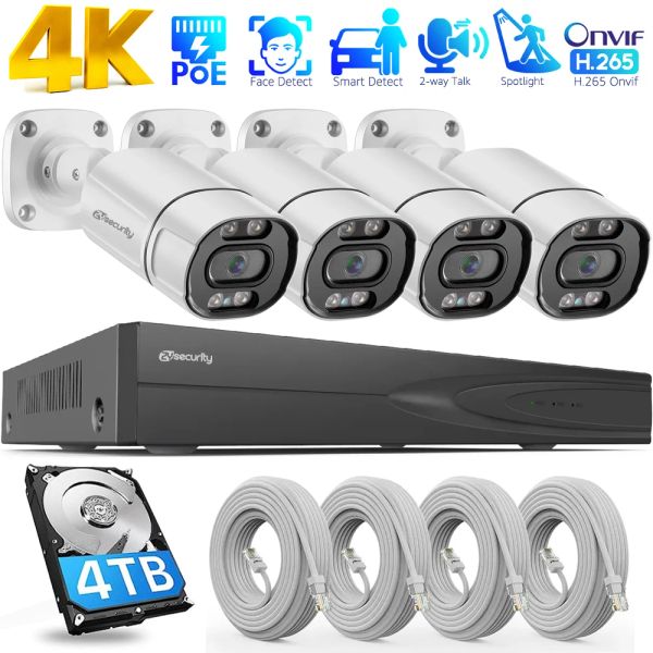 Sistema 4K Poe Security Camera System 4CH POE NVR com 4PCs 8MP / 5MP Câmera de segurança para kits de vigilância para detecção inteligente ao ar livre