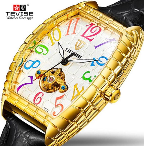 Tevise Men Square Dial Design Automático Relógio Correia de couro Mechanical Watch Tourbillon Sport Military Clock3422139