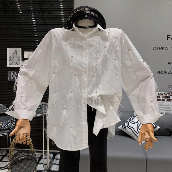 Frauenblusen koreanischer Stil Mode schweres Diamantfeder lose Hemd 2024 Frühling Herbst Langarm schlank elegantes weißes Oberteil