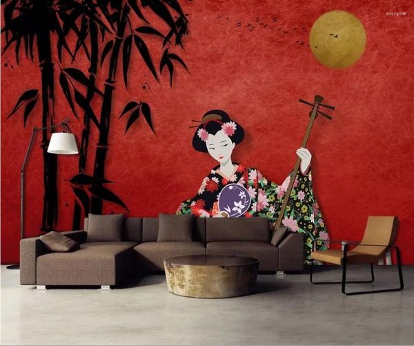 Duvar Kağıtları Çin El Yüzlüğü Japon Güzellik Bambu Kırmızı 3D Arka Plan Dekorasyon Duvar Kağıdı Duvar Boyama
