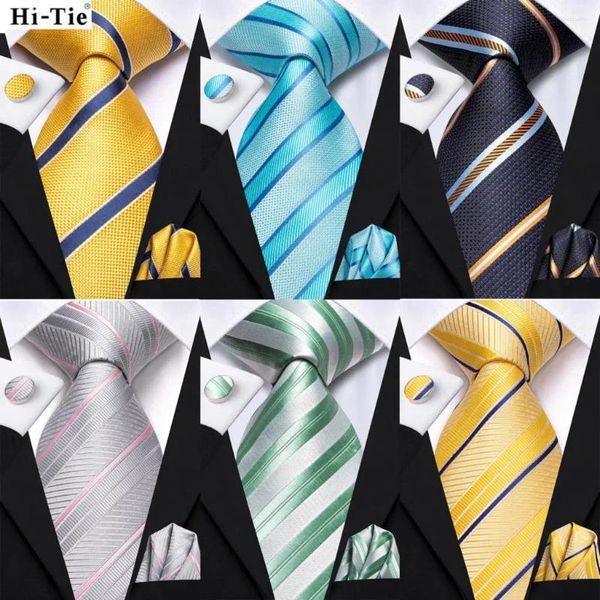 Bow Blecken Hi-tie Männer Mode gestreiftes blaues Krawatten-Taschentuch Manschettenknöpfe Set für Tuxedo Accessoire Classic Seiden Luxus Krawatte Mann Geschenk
