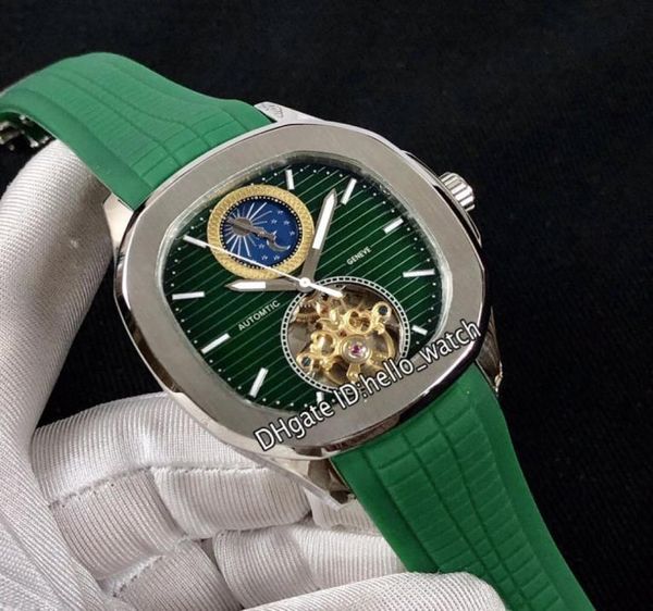 New Sport Green Dial Automatic Moon Phase Tourbillon Mens Watch Stahlhülle Grüne Gummi -Gurt hochwertige Uhren 10 Farbe Hallo7582919