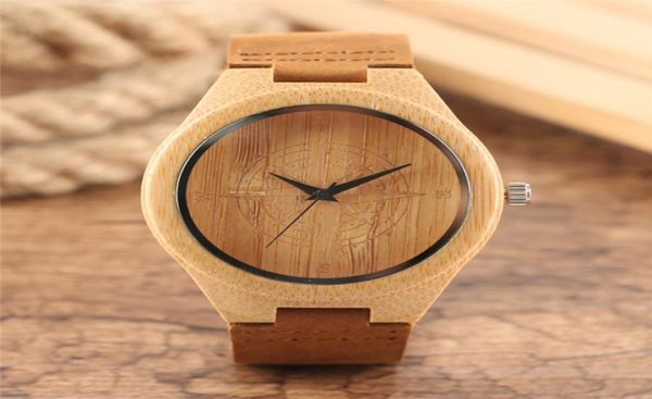 Klasik S Natural Wood Watch Men039s Kuvars Analog Hareket Bilekleri Bambu Kol saati Kahverengi Deri Bant Strap1741853