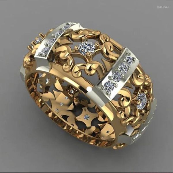 Alyans huitan 2024 etnik güç yüzüğü moda altın renk içi boş bant geometrik kübik zirkon taş satan nişan