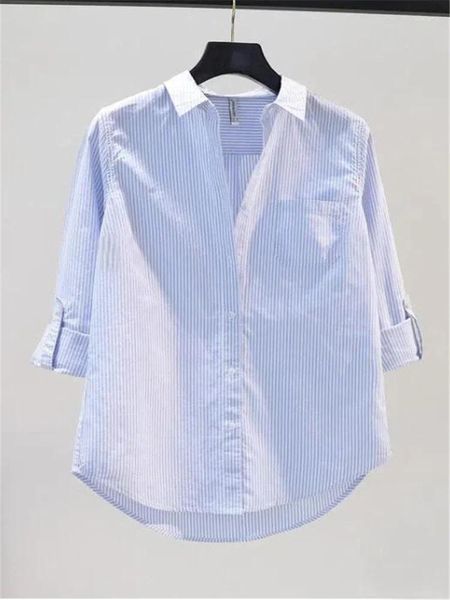 Camicette da donna camicia di cotone pura cotone a strisce verticale top sciolto donna casual donna blous tasca tasca a maniche lunghe bottone cardigan j100