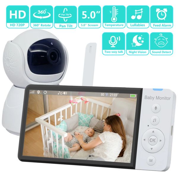 Monitora o monitor de bebê de 5,0 polegadas de vídeo com 5000mAh de vigilância de bateria da câmera Visão noturna da noite intercomunica